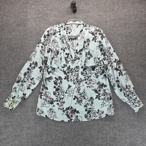 NY Collection Women’s Medium Floral Blouse Tie Neck Ruffle Long Sleeve Blue